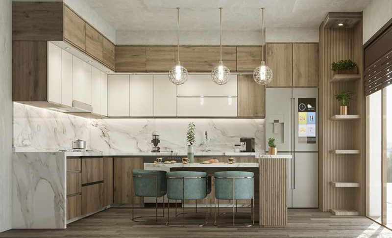 Mẫu 5: Two-tone: tủ dưới vân gỗ – tủ trên trắng