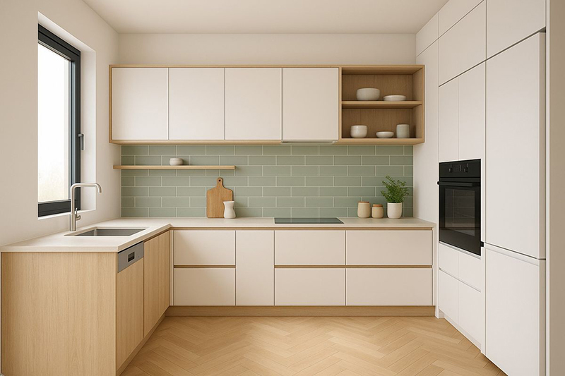 Mẫu 8: Trắng mờ (matt) + đèn hắt tủ trên