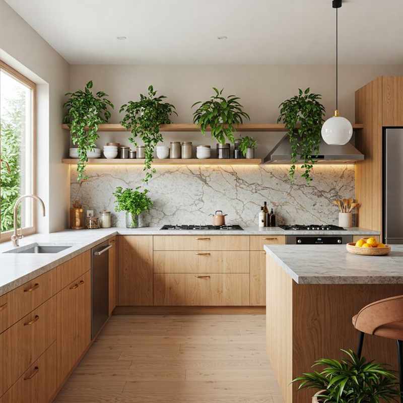 Mẫu 9: Vân gỗ óc chó + tay nắm champagne