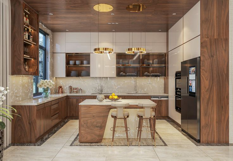 Mẫu 3: Tủ bếp laminate kiểu chữ U kết hợp quầy bar
