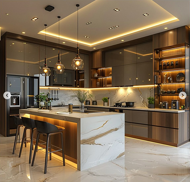 Mẫu 4: Tủ bếp laminate chữ U có bàn đảo trung tâm