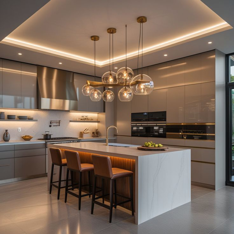 Mẫu 5: Tủ bếp chữ U laminate kịch trần tối ưu lưu trữ