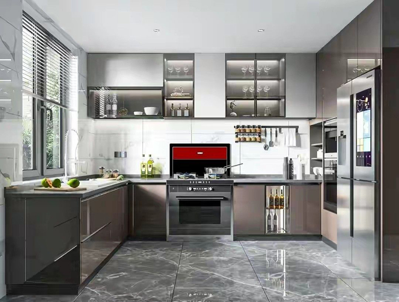 Mẫu 6: Tủ bếp laminate hình chữ U phong cách tối giản