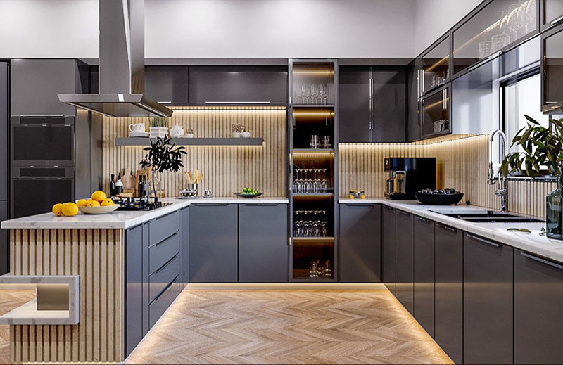 Mẫu 9: Tủ bếp chữ U laminate biệt thự cao cấp