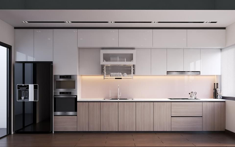 Mẫu 1: Laminate vân sồi sáng + tủ trên trắng