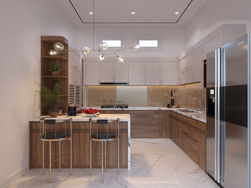 Mẫu 13: Laminate vân gỗ hiện đại + quầy bar nhỏ