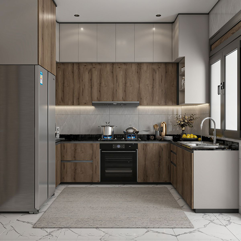 Mẫu 4: Laminate nâu cà phê + kính ốp bếp đen