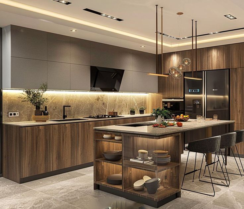 Mẫu 5: Vân gỗ tự nhiên + đảo bếp đồng màu