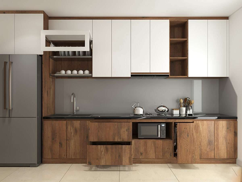 Mẫu 8: Vân gỗ sáng + mặt đá đen kim sa