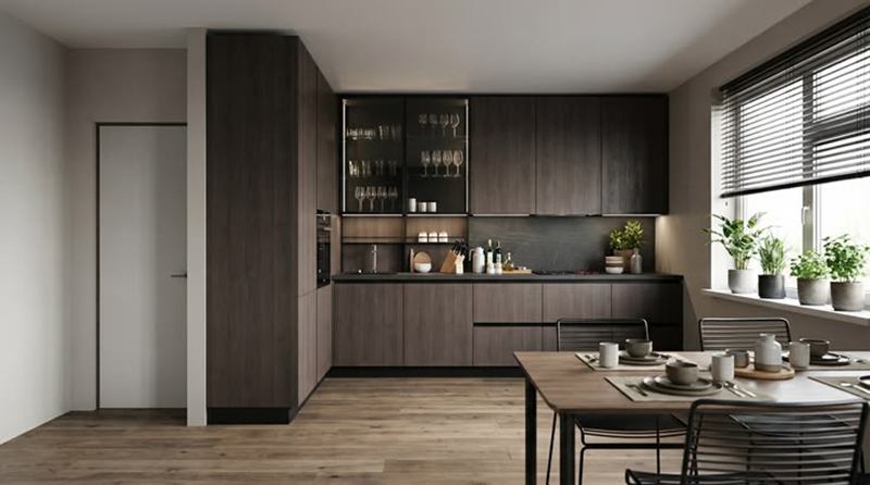 Mẫu 9: Laminate nâu nhạt + hệ đèn LED hắt