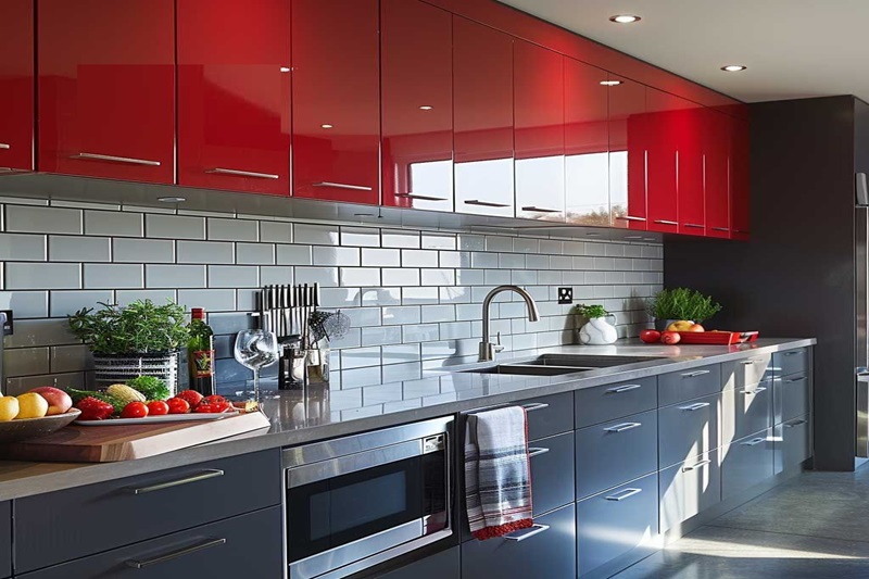 Mẫu tủ bếp phối đỏ trên và dưới kết hợp kính đen