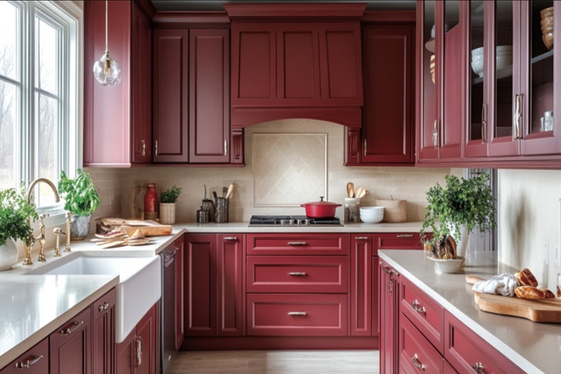 Thiết kế tủ bếp kịch trần tone đỏ chủ đạo