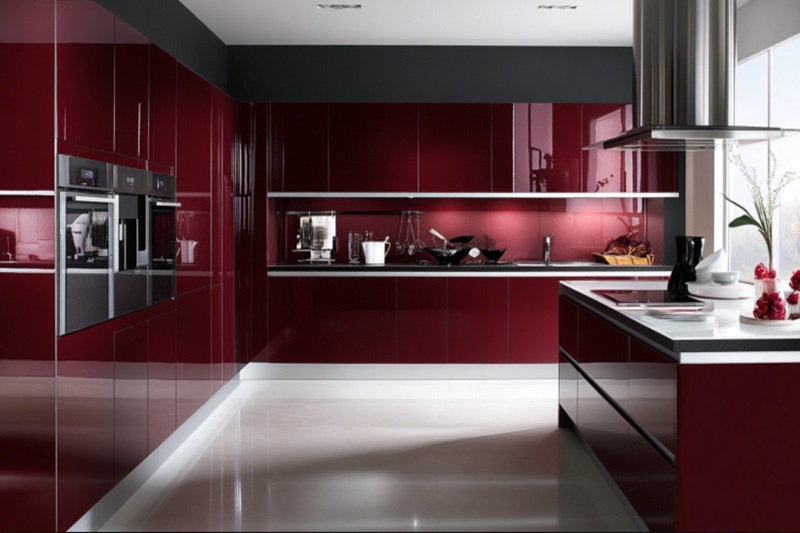 Mẫu tủ bếp màu đỏ đô cánh hợp kim nhôm cao cấp