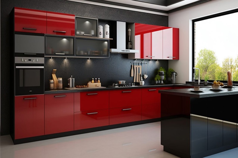 Tủ bếp tông màu đỏ đô phối trắng viền bắt mắt