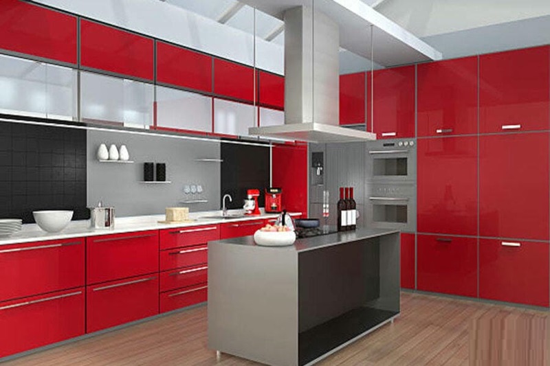 Mẫu tủ bếp chữ L màu đỏ đô đẹp mắt