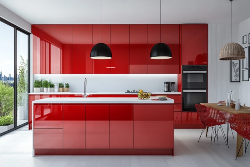 Tủ bếp hiện đại kết hợp màu đỏ và trắng