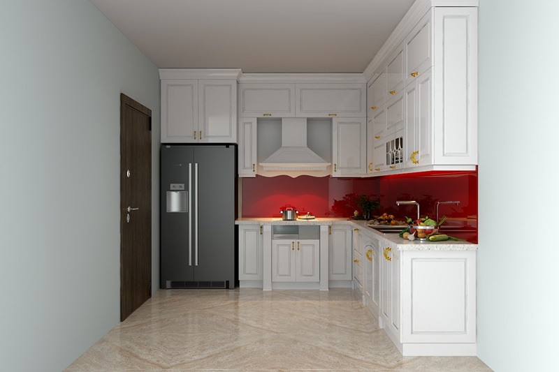 Mẫu tủ bếp đẹp chữ L tone đỏ trắng