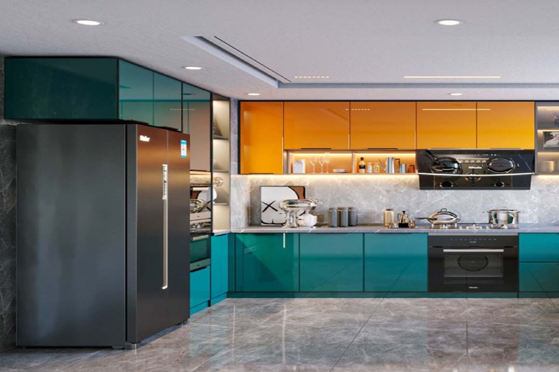 Tủ bếp xanh cổ vịt kết hợp màu cam thời thượng