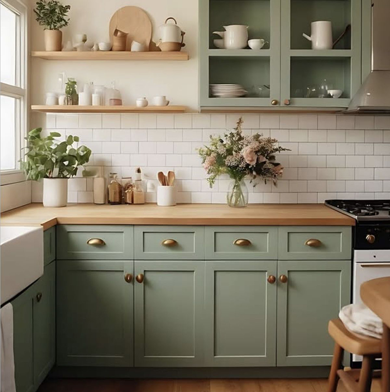 Xanh mint + gạch thẻ trắng (kính bếp/gạch bếp)