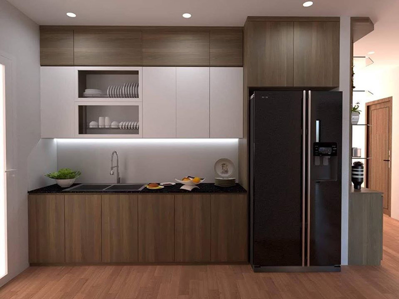 Mẫu 3: Tủ bếp nhỏ không tay nắm hiện đại