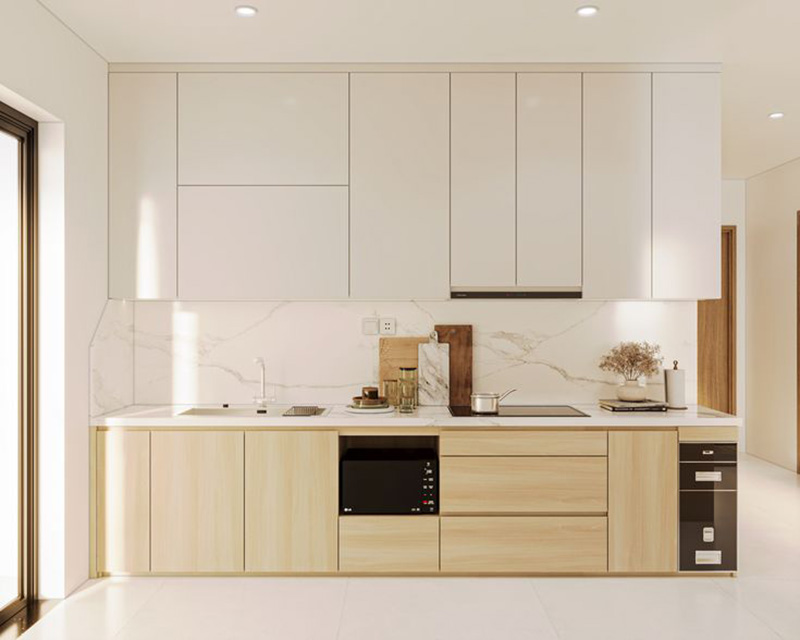 Mẫu 5: Tủ bếp nhỏ tone gỗ sáng Japandi