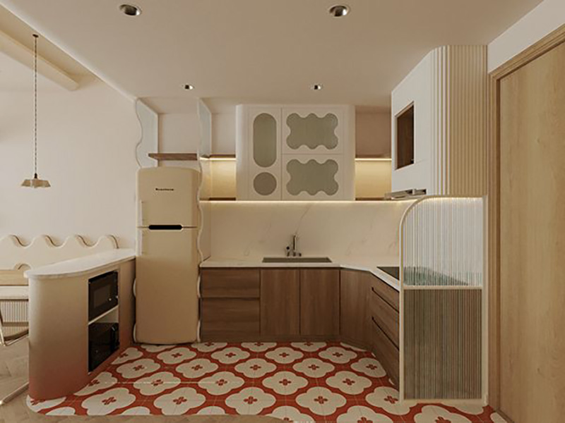 Mẫu 8: Tủ bếp nhỏ kết hợp LED âm