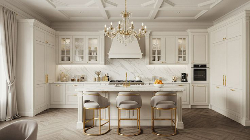 Mẫu 1: Trắng kem + phào chỉ mảnh, tay nắm đồng cổ điển (hợp chung cư)