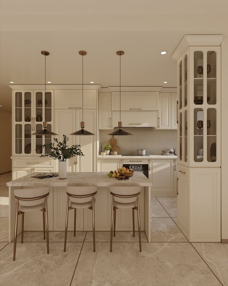 Mẫu 11: Trắng ngọc trai + kính ốp bếp màu trà (nhẹ nhàng, dễ vệ sinh)