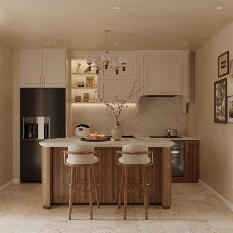 Mẫu 14: Trắng kem + khoang trưng bày kệ mở (decor ly tách, sách nấu ăn)