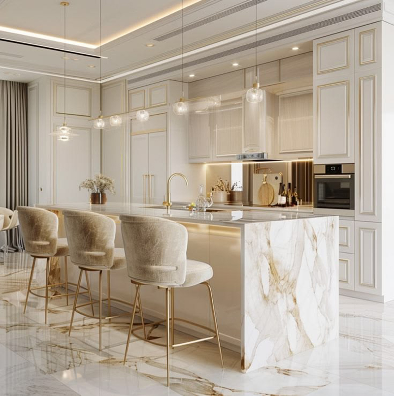 Mẫu 3: Trắng ngà + tủ kịch trần, phào chạy nóc tối giản (gọn, sang)