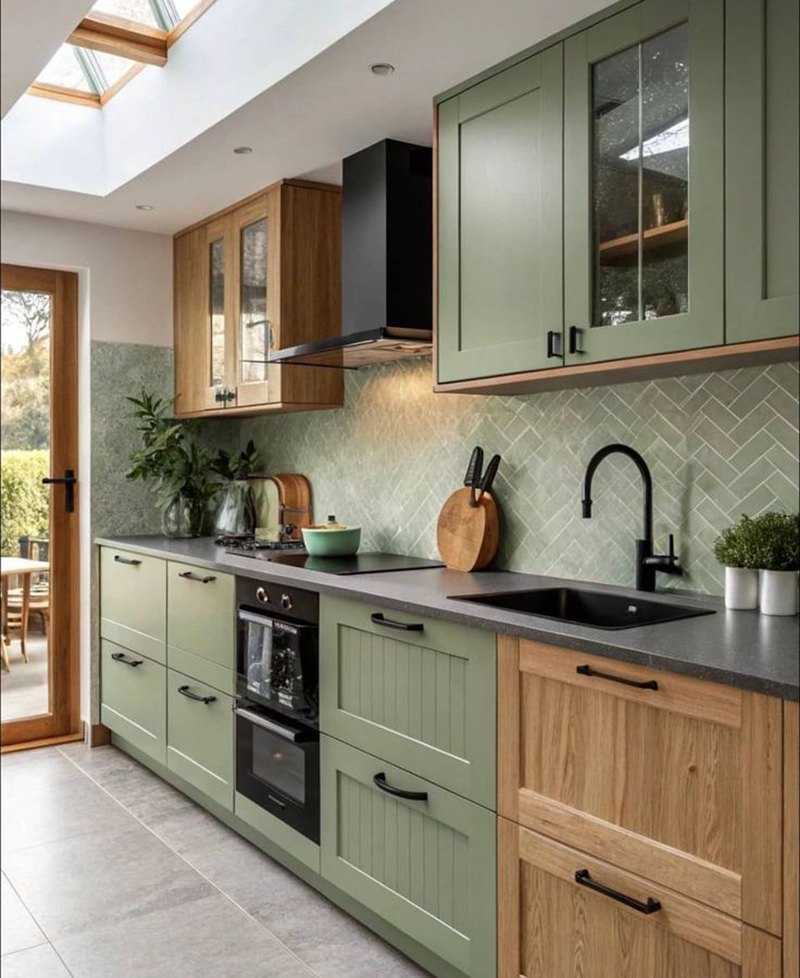 Mẫu 4: Xanh rêu nhạt + tay nắm đen mờ (cá tính nhưng vẫn tân cổ)