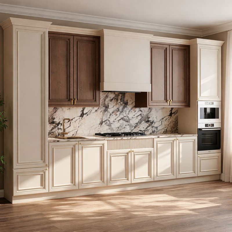 Mẫu 5: Be champagne + đèn hắt dưới tủ trên (ấm áp, “lux” nhẹ)