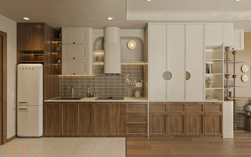 Mẫu 6: Trắng – gỗ (tủ dưới vân gỗ, tủ trên trắng kem) cho bếp liền phòng khách