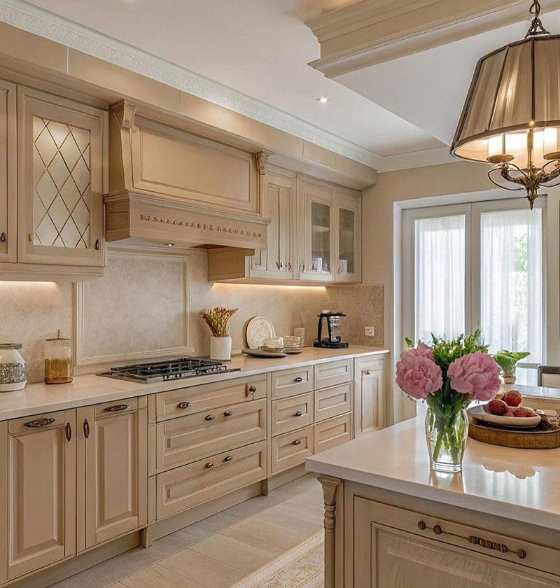 Mẫu 11: Tủ bếp chữ L kem ấm với backsplash ốp cao (full-height)