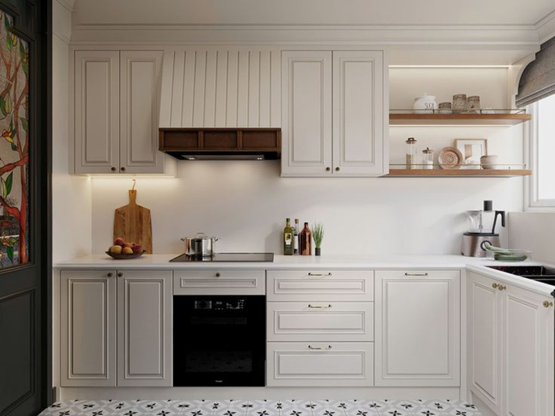 Mẫu 12: Tủ bếp chữ L với tủ trên cao vừa, ưu tiên khoang mở