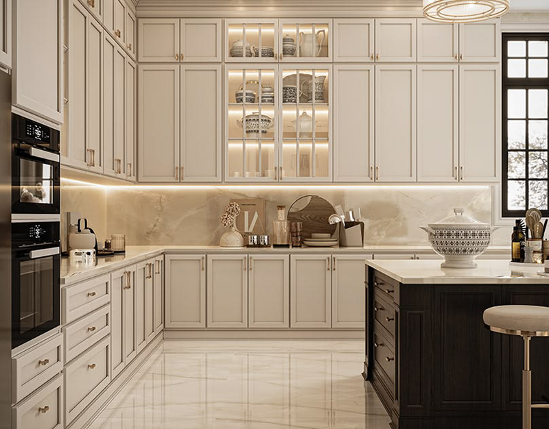 Mẫu 5: Tủ bếp chữ L màu be sữa với nẹp chỉ nổi tối giản