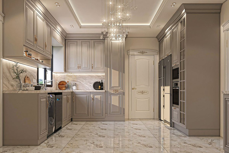 Mẫu 8: Tủ bếp chữ L có tủ pantry cao kịch trần