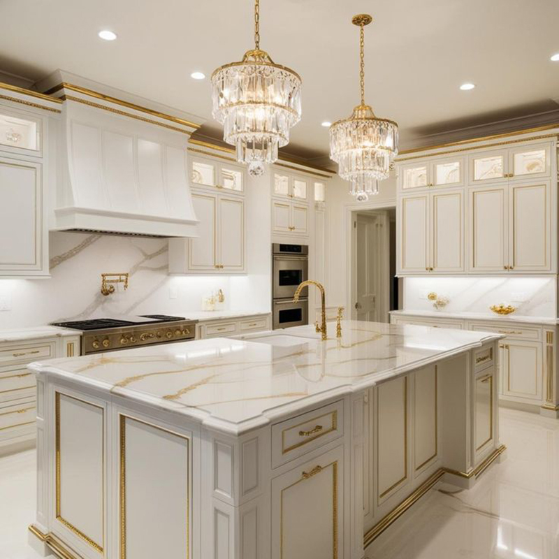 Mẫu 9: Tủ bếp chữ L màu trắng ngà với điểm nhấn vàng champagne