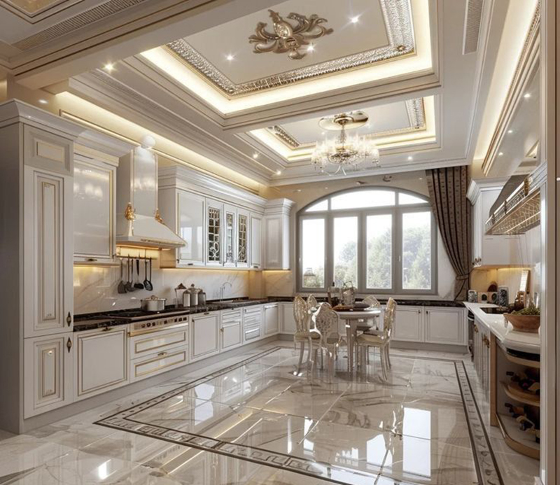 Mẫu 10: Tủ chữ U kiểu hoàng gia tối giản với phào chỉ lớn, ít họa tiết