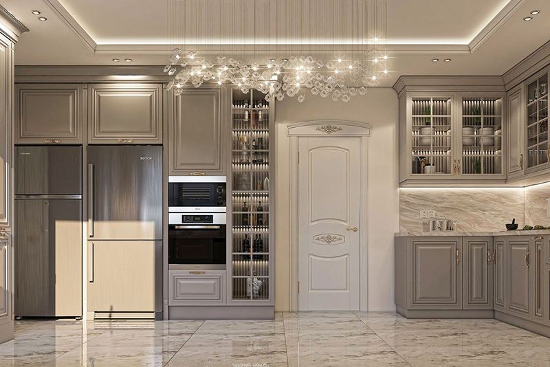 Mẫu 3: Tủ bếp chữ U xám ấm – điểm vàng champagne