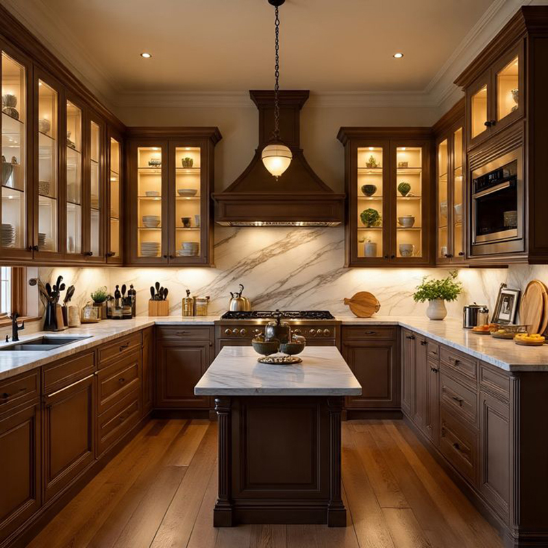 Mẫu 4: Tủ bếp chữ U gỗ óc chó cùng cánh panel sơn mờ