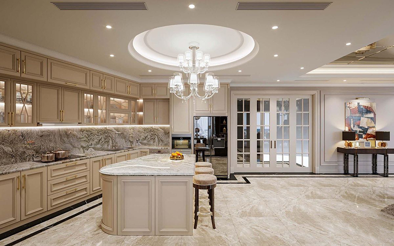 Tủ bếp tân cổ điển màu trắng kem