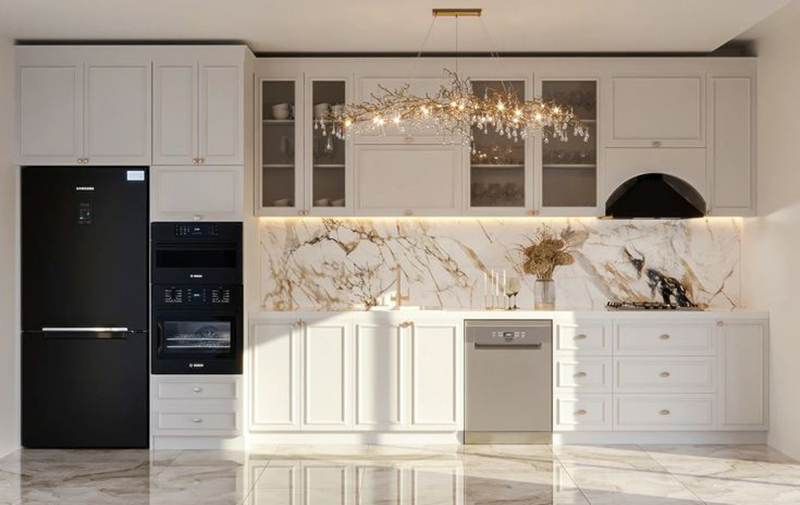 Mẫu tủ bếp tân cổ điển chữ I có hệ tủ cao