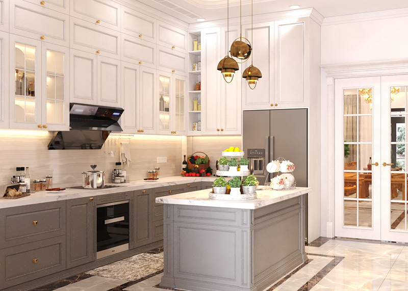 Mẫu tủ bếp chữ L tân cổ điển tối ưu diện tích