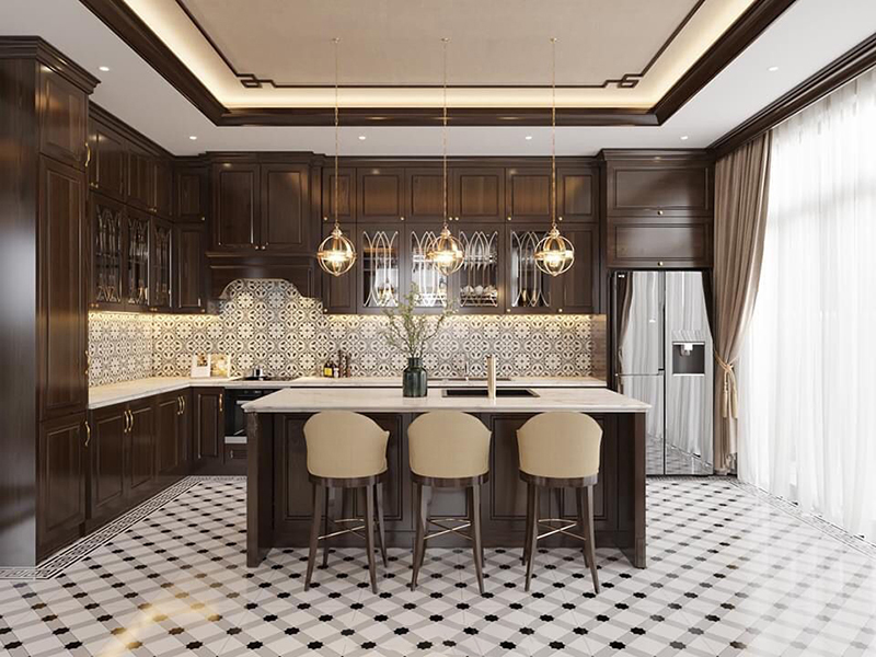 Mẫu tủ bếp tân cổ điển có quầy bar tiện lợi