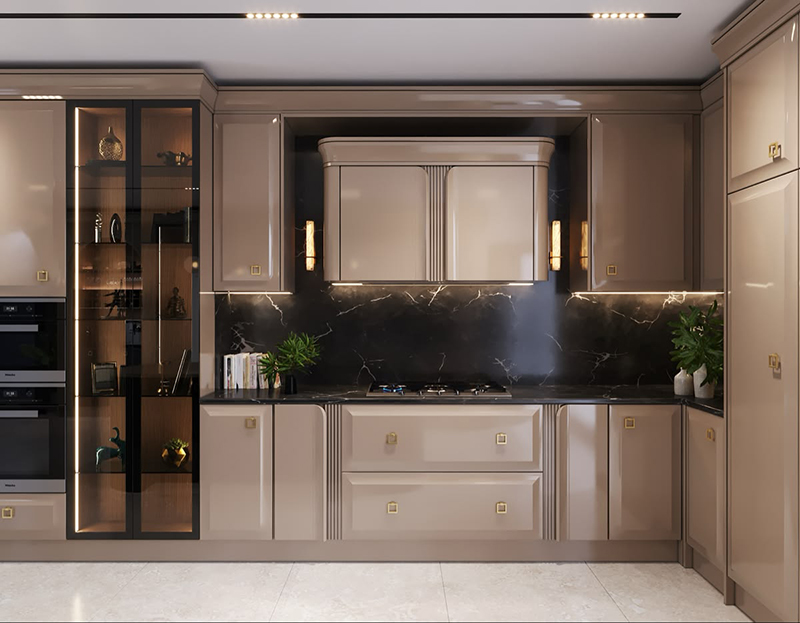 Tủ bếp tân cổ điển màu be nhẹ nhàng