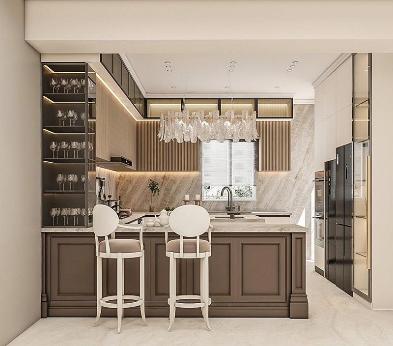 Mẫu 2: Tủ bếp gỗ tân cổ điển màu nâu trầm