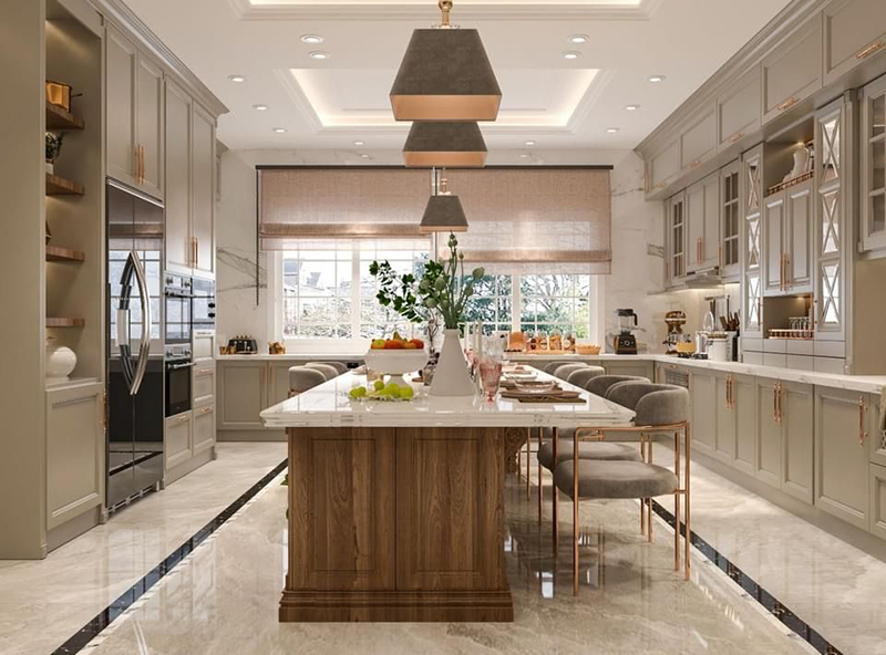 Mẫu 4: Tủ bếp tân cổ điển chữ U có hệ tủ cao