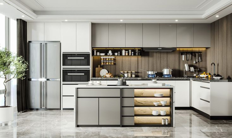 Mẫu 14: Tủ bếp thông minh kết hợp bàn bar mini