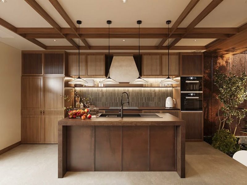 Mẫu 6: Tủ bếp treo tường tone walnut cao cấp